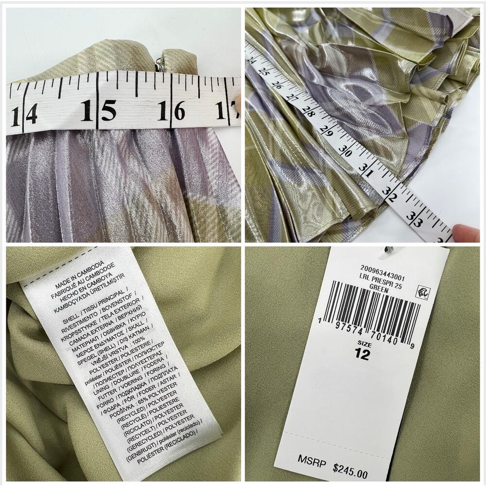 Lauren Ralph Lauren Checked Plaid Pleated Georgette Skirt 12 Green Metallic NEW - Picture 7 of 11